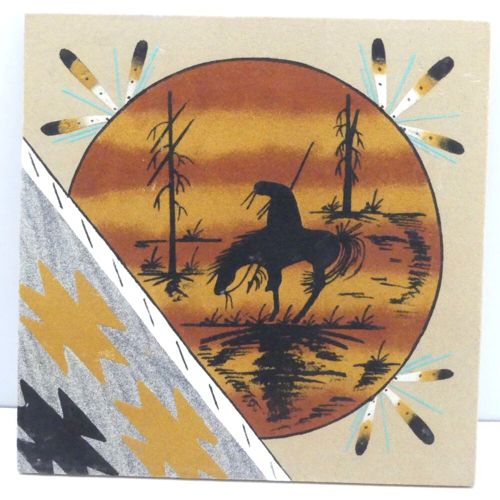 Vintage 1988 Navajo Sand Painting End of the Trail Native Art Wall Decor 12"x12"